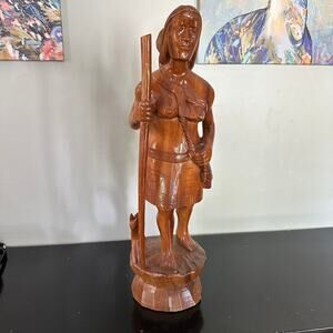 Vintage 1960's Hand Carved Wooden Statue Women Gathering Baby and Dog 24"